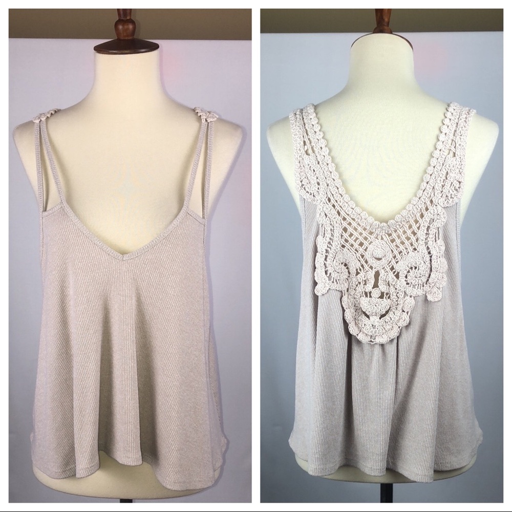 Adorable Oatmeal Color Scoop Neck Embroidered Boho Crop Tank Cami - Size Medium